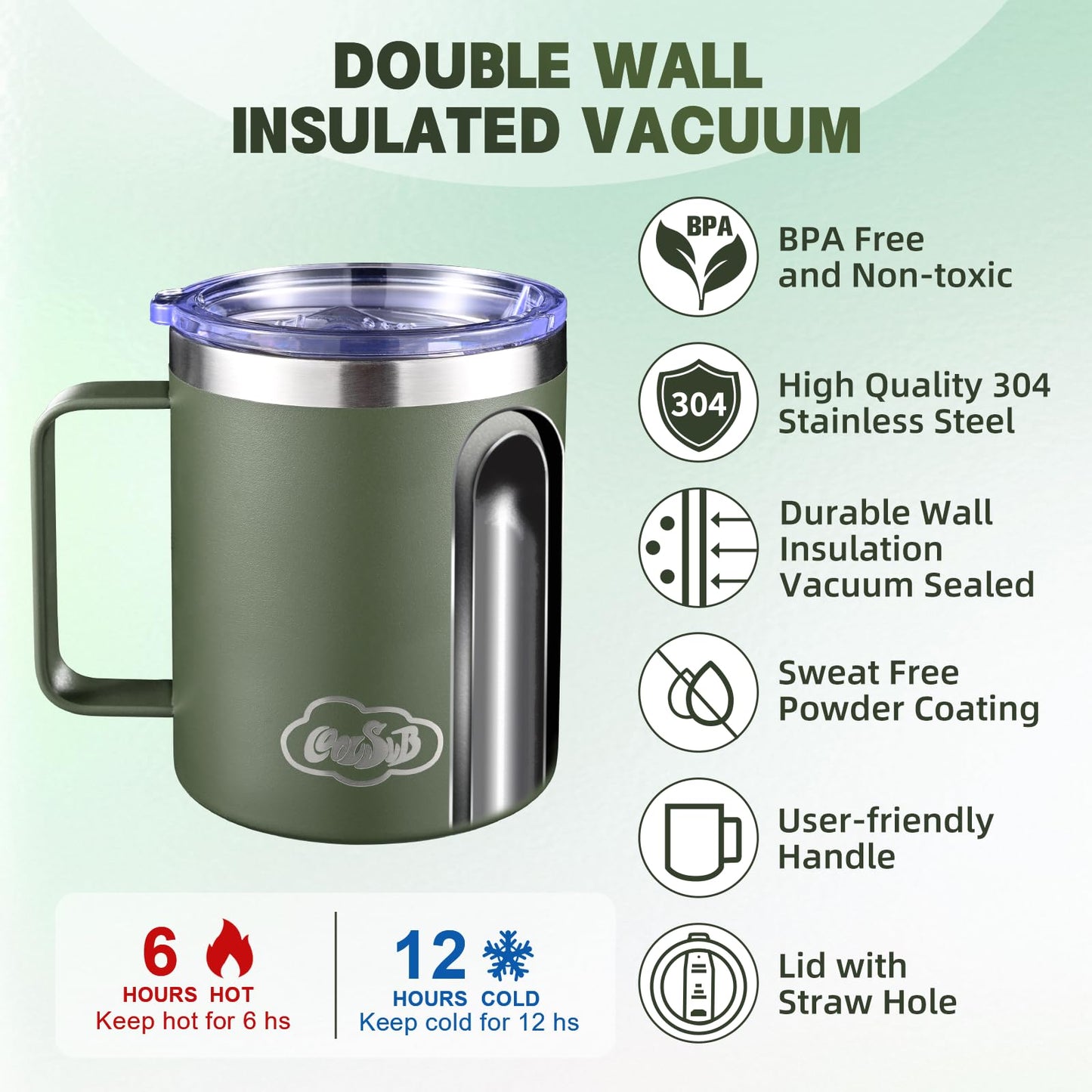 CoolSub 12oz Insulated Coffee Mug with Handle, Stainless Steel Wide Mouth Travel Tumblers with Lid