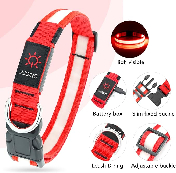 Vizpet LED Dog Collar, Light Up Dog Collar Adjustable USB Rechargeable Super Bright Safety Light Glowing Collars for Dogs(Small,Red)