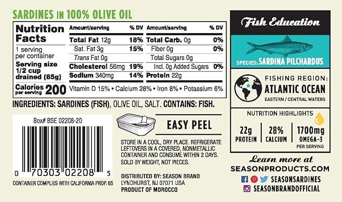 Season Sardines in Olive Oil - Wild Caught, 22g of Protein, Keto Snacks, More Omega 3's Than Tuna, Kosher, High in Calcium, Canned Sardines - 4.37 Oz Tins, 24-Pack