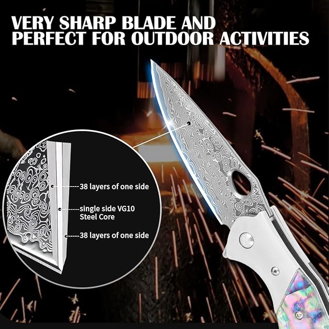 Cottonbell Damascus Pocket Knife Folding Knife for Men Women Unique Rainbow Abalone Shell Handle, with Sharp VG10 Core Damascus Steel Knife for Outdoor Camping Fishing Hiking Hunting Gift
