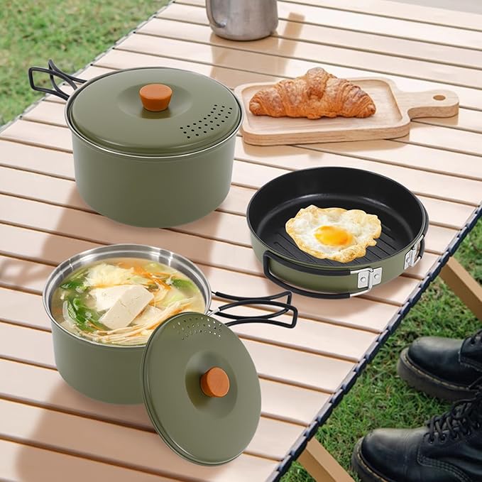 Camping Cookware Set, Camping Cooking Set,304 Stainless Steel Camping Pots &Frying Pan Set,Campfire Cooking Equipment with Storage Bag for Camping,Household, Hiking, Beach Trips