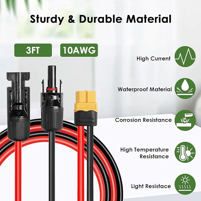 Solar to XT60 Extension Cable 10AWG 3FT Solar Connector to XT60 Adapter Cable for Solar Panel to Portable Power Station Solar Generator Battery Pack