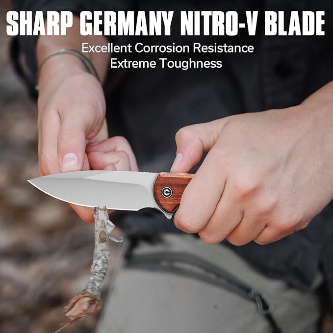 CIVIVI Primitrox Folding Knife for EDC, Flipper Pocket Knife with 3.48" Nitro-V Blade Wood Handle for Everyday Carry C23005A-3