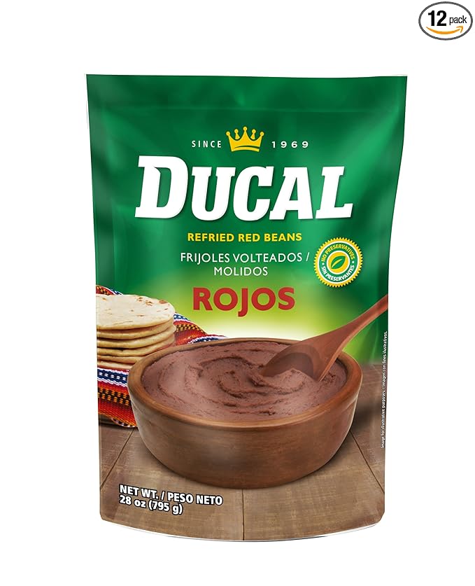 Ducal Refried Red Beans Pouch 28 Oz Pack of 12 - Microwaveable Goya Instant Red Refried Beans Vegetarian Doy Pack - Gluten Free Cholesterol Free - Good Source of Fiber Protein & Iron