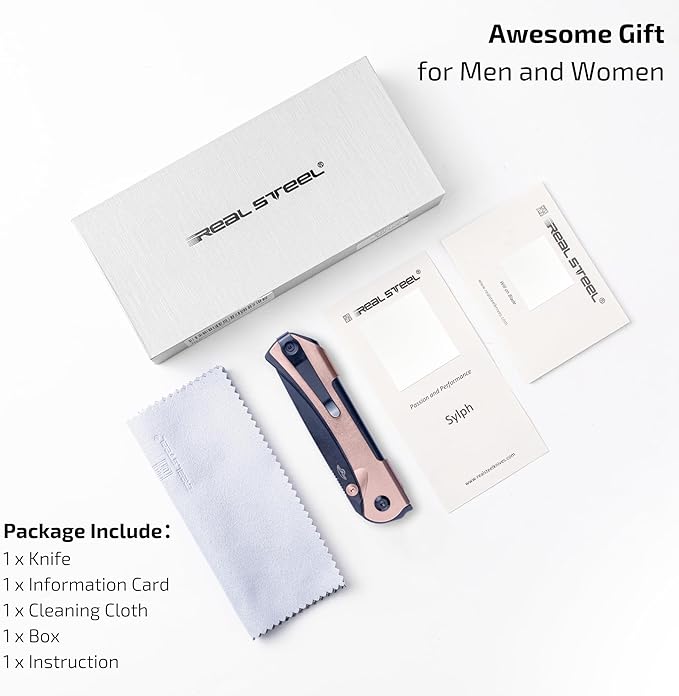 REALSTEEL SYLPH Folding Pocket Knife, Liner Lock, 3.07" Nitro-V Steel Black PVD Blade, Thumb Stud, Double Bending Steel Handle, 3.35oz, Deep-carry Pocket Clip, EDC Outdoor Indoor, Gifts for Men Women Camping Hiking Climbing (Gold Black)