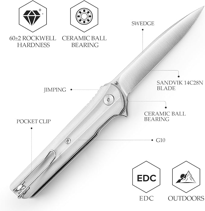 EDC Pocket Knife for Men,Folding Knives with Reversible Clip,Liner Lock 3.4'' Satin 14C28N Steel Blade,White G10 Handle,Seagull-W