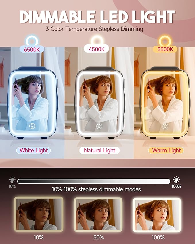 Skincare Fridge with Dimmable LED Light Mirror, 4L/6Can Mini Fridge Skincare for Bedroom,Office,Dorm,Cooler & Warmer,Portable refrigerator for SkinCare, Food and Drinks,Black