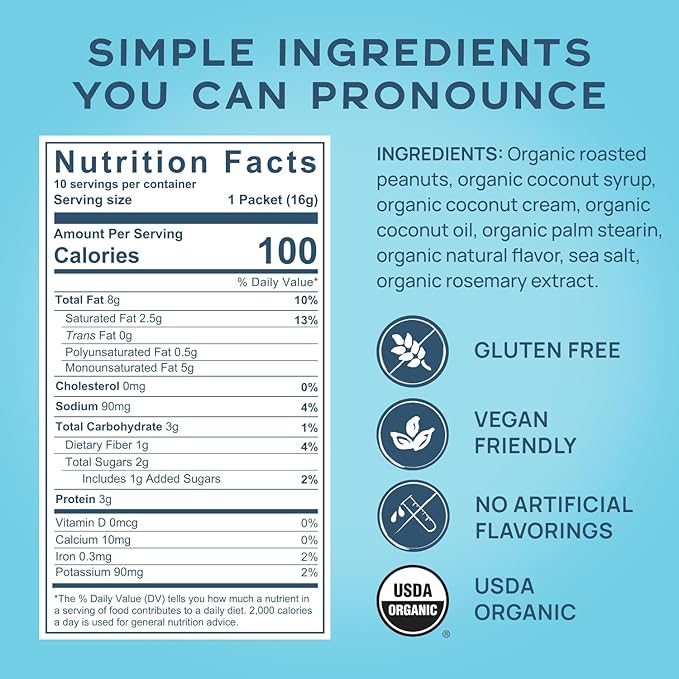 Cocomo Coconut Peanut Butter Single Serve Pouch, 10 Count – Organic, Gluten-Free, Vegan, High-Protein Peanut Butter in Squeeze Packs – No-Stir, Creamy Spread for Healthy Snacks, Perfect for Travel