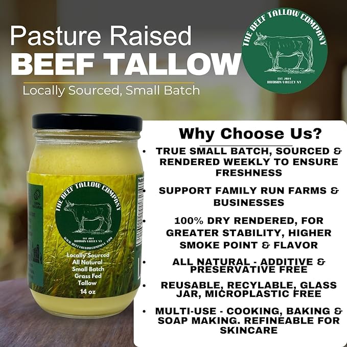 The Beef Tallow Company | 100% Small Batch Pasture Raised Beef Tallow | Glass Jar with saftey shrink seal| Locally Sourced and made in the Hudson Valley | All Natural Keto, Paleo friendly, No GMO (64 Fl Oz (Pack 1 of 1)) (64 oz)