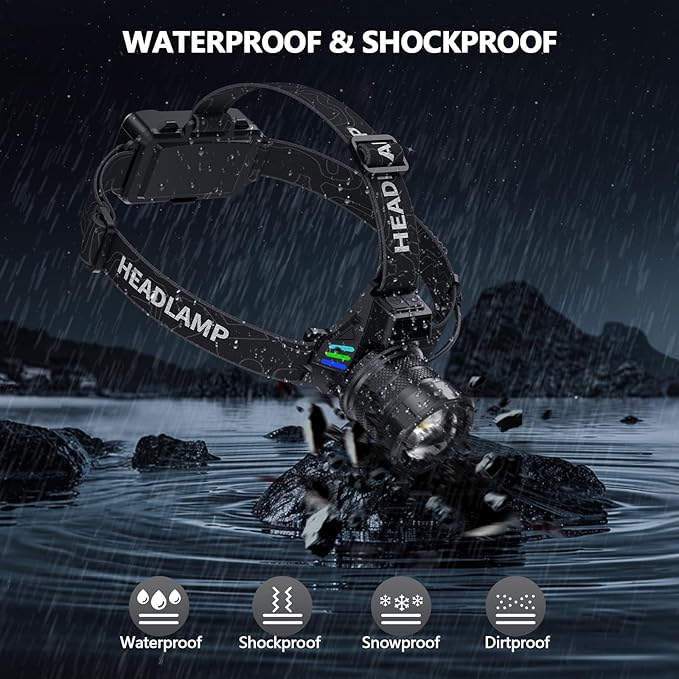 High Lumens Headlamp Rechargeable 4000 Super Bright LED Head Lamp Battery Powered,12 Modes Waterproof Headlight Zoomable Digital Display Headlamps for Hardhat Hunting Camping Hiking Fishing