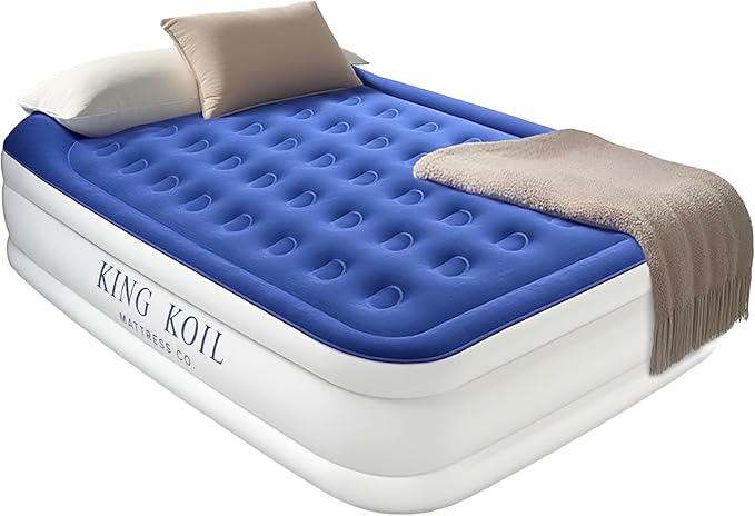 King Koil Luxury Queen Air Mattress with Built-in Pillow & Ultra-Fast Built-in High-Speed Pump, 20??Inflatable Premium Airbed, Waterproof, Adjustable Firmness, 1-Year Manufacturer Warranty