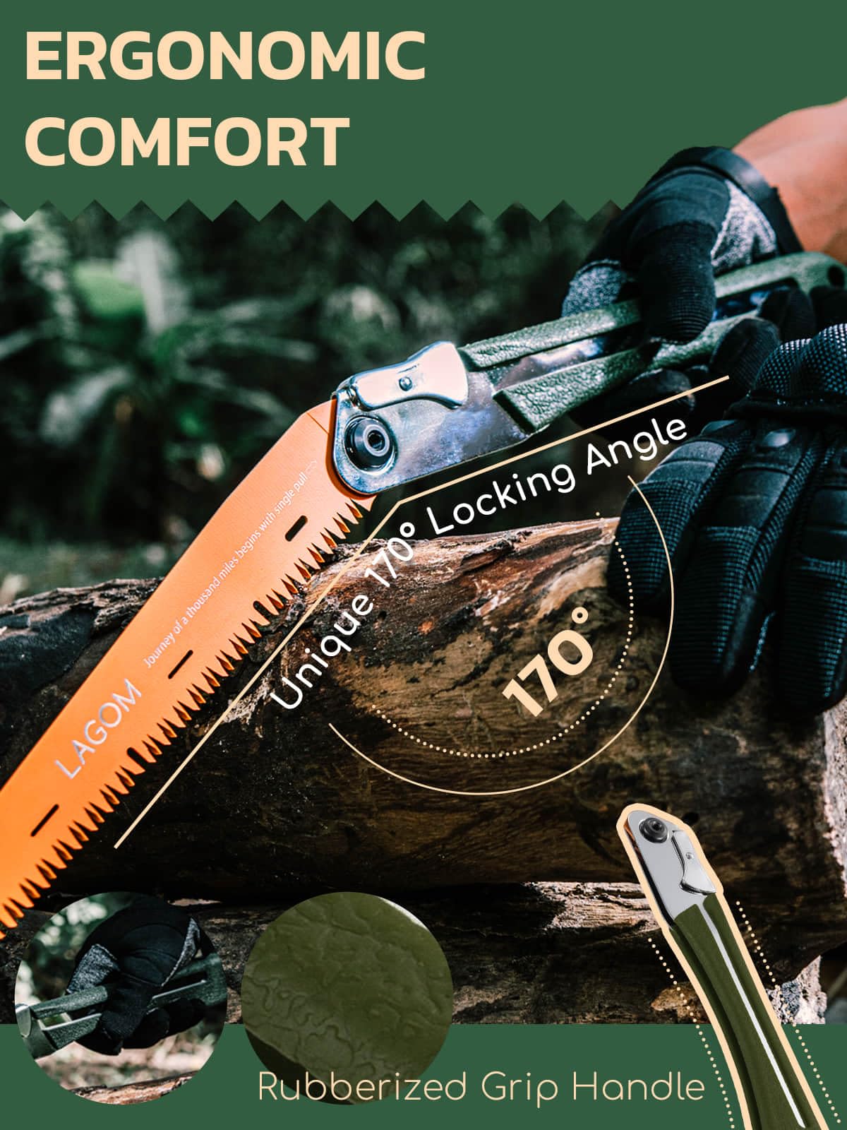 LAGOM Folding Camp Saw for Cutting Branches, 11.4" Straight Blade | SK5 Steel, Ergonomic Handle