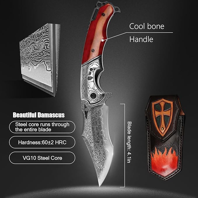 Damascus pocket knife clip leather sheath, VG10 core folding knife, portable EDC clip, outdoor survival camping bone handle