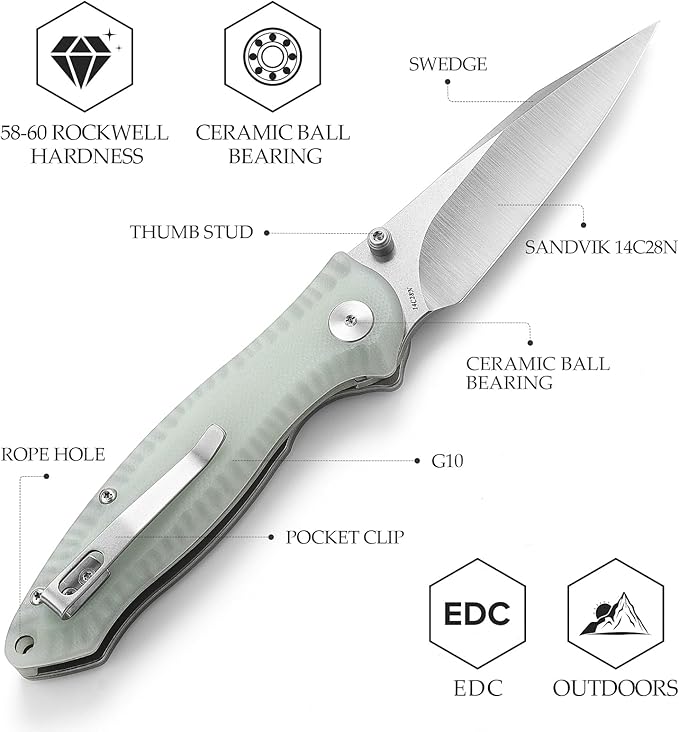 Folding Pocket Knife with Reversible Clip,Front Flipper EDC Knifefor Men,3in 14C28N Thumb Studs Blade, Liner Lock G10 Handle, Outdoor Camping Tool,Delphinus-03（Stonewash + Satin）
