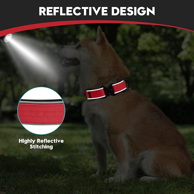 Dog Collar for Small Medium Large Dogs, Reflective, Adjustable Heavy Duty Dog Collar, Soft Neoprene Padded Comfortable for Walking (Red, XL)