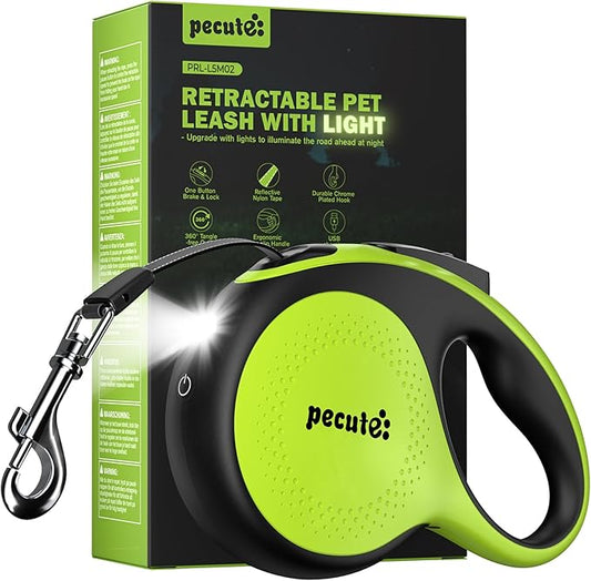 Retractable Dog Leash with Light, 16.4 ft Retractable Pet Leash with Anti-Slip Soft Grip, 360° Tangle-Free, One-Button Control, Reflective Leashes for Small Medium Dog Up to 66 lbs