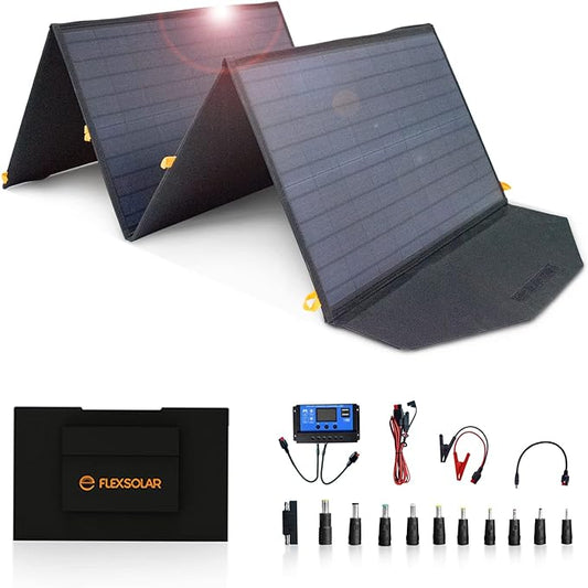 FlexSolar 120W Foldable Solar Panels Chargers 20v-28v DC Output IP65 Waterproof Power Outage Emergency Portable Panels Camping Home RV for Solar Power Station Generators Battery Packs