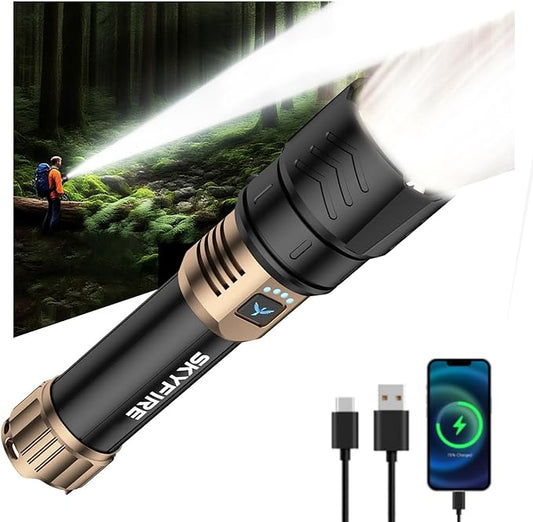 SKYFIRE LED Flashlight High Lumens,2000lm Super Bright Rechargeable Flashlight,Zoomable,Four Modes,Powerbank Waterproof Tactical Flash Light for Camping Essentials,Outdoor & Home Emergencies-No Lens
