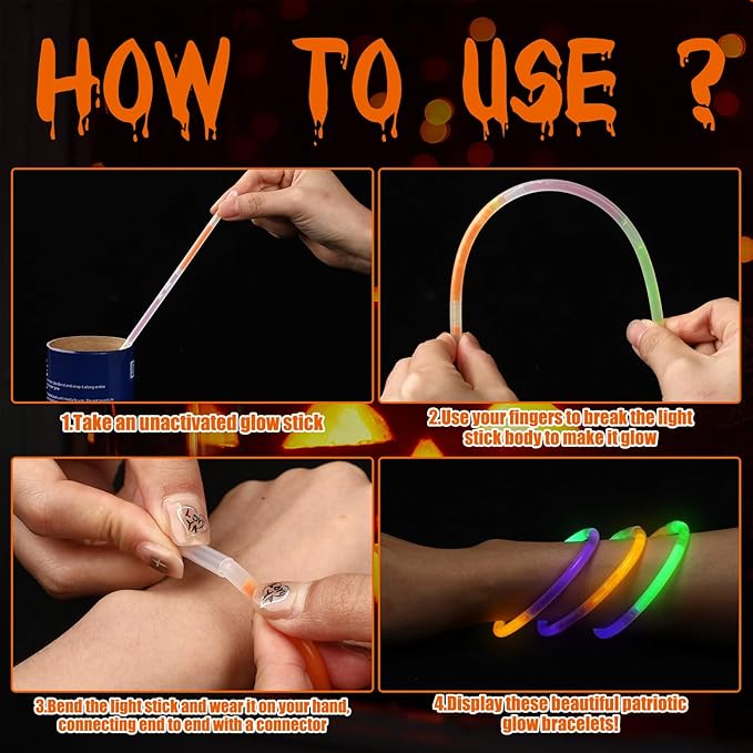 Wettarn 100 Pcs Halloween Glow Sticks 8" Halloween Bracelets Party Supplies Glow in The Dark Bracelets Orange Green Purple Light up Bracelet Party Favors Carnival Decorations
