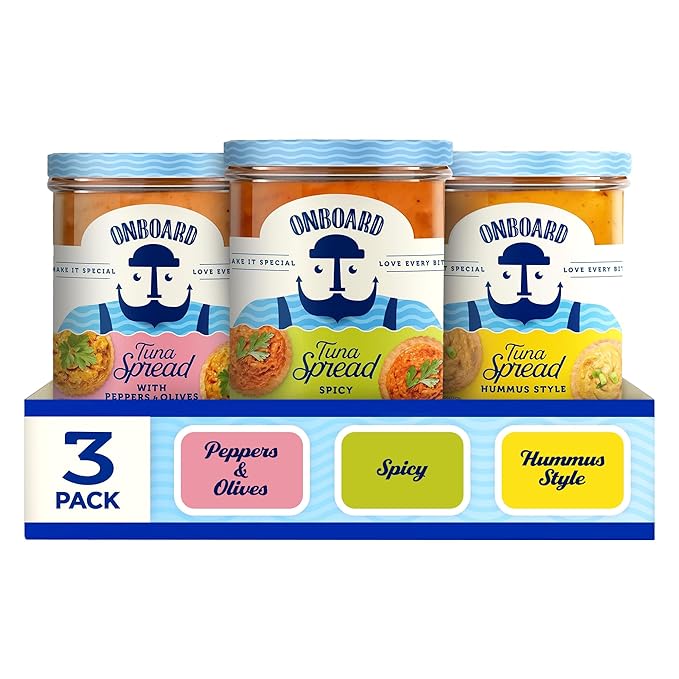 ONBOARD Yellowfin Assorted Tuna Spread 3 Pack 7.1 oz Jars (Spicy, Hummus Organic Style, with Pepper and Olives) - Irresistible High-Protein Snack, Wild-Caught Tuna - For Sandwiches, Chip Dips & Healthy Indulgences for Weight Loss Recipe - Dolphin Safe