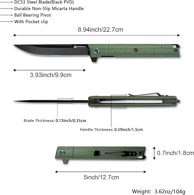 Pocket Folding Knife,Flipper Open,DC53 Steel Blade and Micarta Handle. With pocket clip and glass breaker,Sharp Camping Hiking Daily Work Knives,Everyday Carry EDC tool Knife