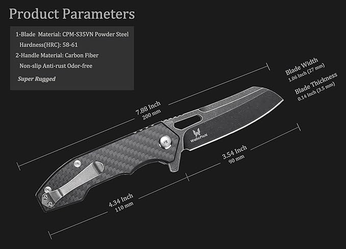 Folding Pocket Knife - 3.54'' CPM S35VN Black Steel Blade, Carbon Fiber Ergonomic Handle - Camping Outdoor Self-Defense & Protection EDC Knife, Men & Women Best Gifts