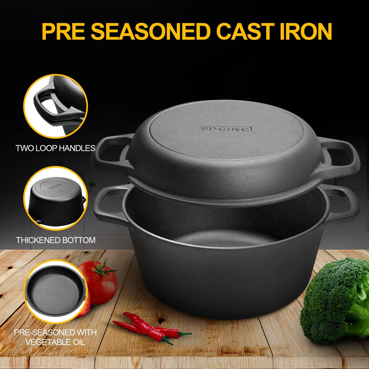 EDGING CASTING 2-in-1 Pre-Seasoned Cast Iron Dutch Oven Pot with Skillet Lid Cooking Pan, Cast Iron
