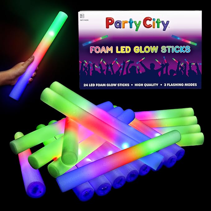 Party City 24pk LED Foam Glow Sticks 14?? Glow in the Dark Party Supplies Favors, Colorful Flashing Wand with 3 Modes, Foam Light Up Sticks Bulk Party Pack for Wedding, Birthday, Concert, Halloween