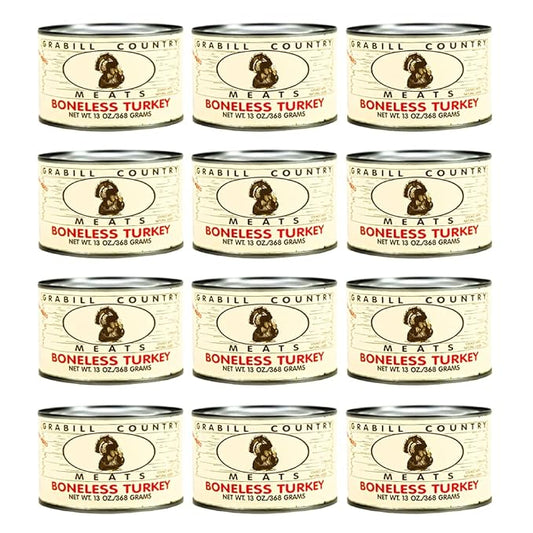 Grabill Country Meats Canned Boneless Turkey – 13 oz Cans, Pack of 12 | Premium All-Natural White Meat, Fully Cooked, Heat & Serve | Shelf-Stable Protein for Quick Meals, Sandwiches, Salads, Casseroles, Camping, Emergency Food & Pantry Storage