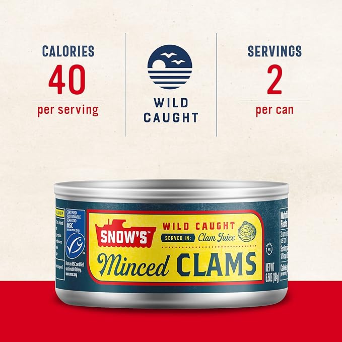 Snow's Wild Caught Minced Clams Canned, 6.5 Oz Can - 5g Protein Per Serving - Gluten Free, Keto Friendly, 99% Fat Free - Great For Pasta & Seafood Recipes (Pack of 6)