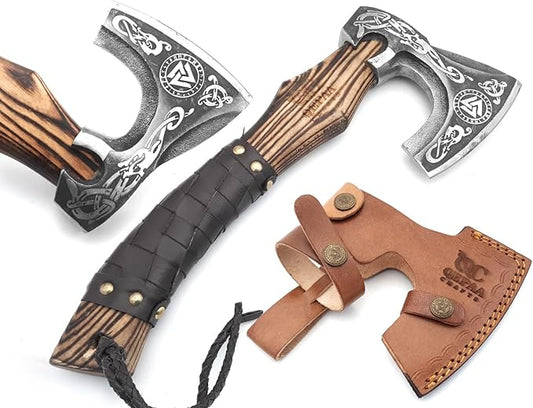 13??Inch Hand-Forged Viking Axe- Ash Wood Handle Hatchets and Axes with Leather Wrap, Wood Splitting Axe, Camping Axe, Throwing Axes and Tomahawks - Gift for Him (Valknut)