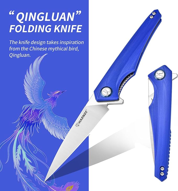 Qingluan Folding Knife with Pocket Clip, D2 Steel Blade 3.54'' and G10 Handle Outdoor Adventure knife EDC Camping Knife (Blue)