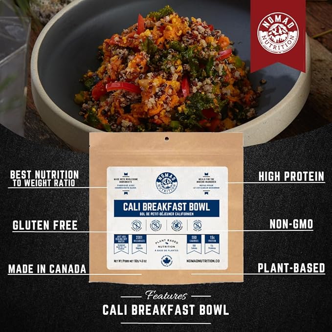 Nomad Nutrition Cali Breakfast Bowl | Instant Freeze Dried Backpacking & Camping Food | Plant-Based, Non-GMO Hiking Meals with High-Energy, Vegan, Gluten-Free | 56g - 2 Pack