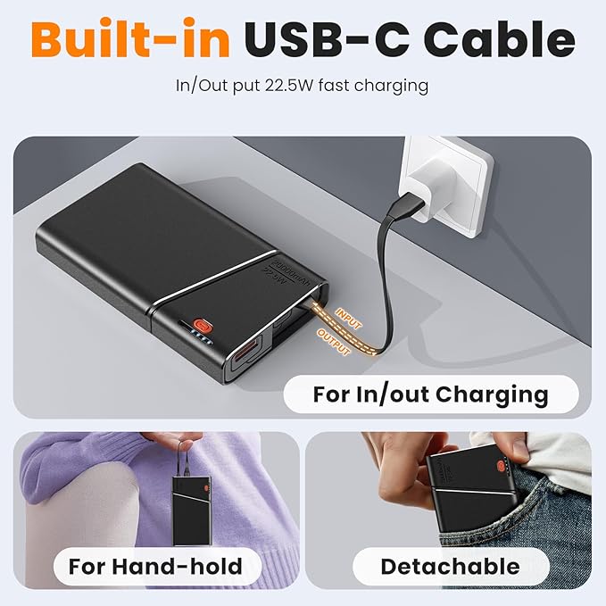 Portable Charger Power Bank, 20000mAh 22.5W PD Super Fast Charging Powerbank with Built-in USB C in&Out Cable, External Phone Battery Pack for iPhone 17/16/15 iPad Samsung S24 Android etc
