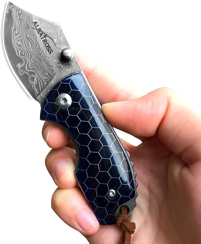 ALBATROSS Mini EDC Folding Pocket Knife - 1.75" Damascus Steel Blade, Blue Resin Handle with Aluminum Honeycomb Pattern, Tactical Camping Knife with Gift Box - HGDK022