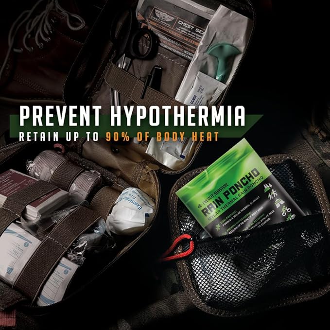 Everlit Survival Rain Poncho Emergency Mylar Space Blanket Camping Gear-Retain 90% of Body Heat Survival Gear for Survival Kits Camping Supplies Emergency Blankets