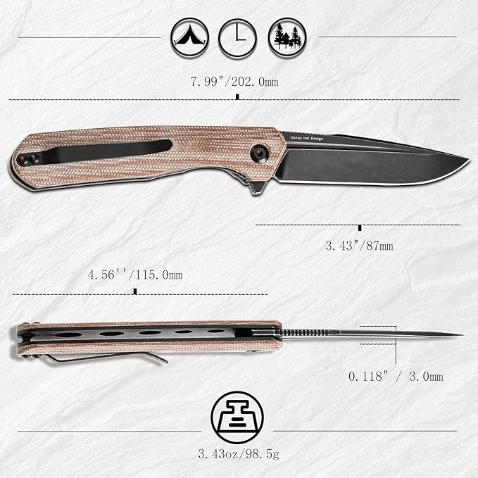 KANSEPT Qilin Pocket Knife, 3.24'' Blackwash 154CM Sharp Blade, Brown Micarta Handle for Edc, Flipper and Liner Lock with Double-Sided Clip, Men Camping Survival Folding Knives T1047A3