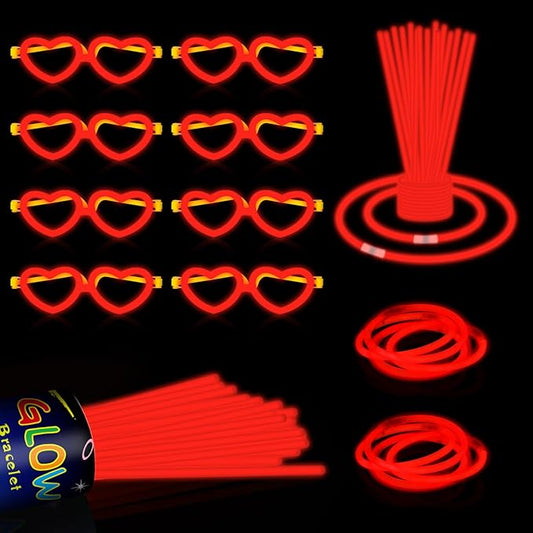 60 Pack 8??Red Glow Sticks Bulk Bright Glow Sticks with 60 Connectors 20 Heart Glasses Glow In The Dark Party Supplies Neon Party Decorations Glow Bracelet Glasses for Holiday Carnival(Red)