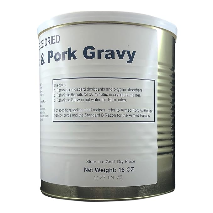 Military Surplus Freeze-Dried Biscuits and Pork Gravy ??18 oz, Emergency Survival food Supply, Meal Prep, Camping & Hunting ??25-Year Shelf Life ??#10 Can ??Made in USA ??Backpacking & Outdoor Ready - 8 Servings