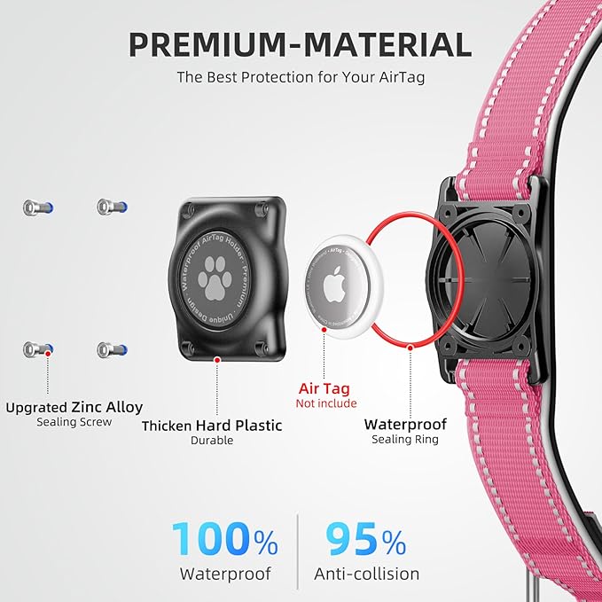 Airtag Dog Collar - 100% Waterproof AirTag Holder, Reflective, Soft Padded, Everlasting GPS Collar for Small to Large Dogs (Hot Pink, M)
