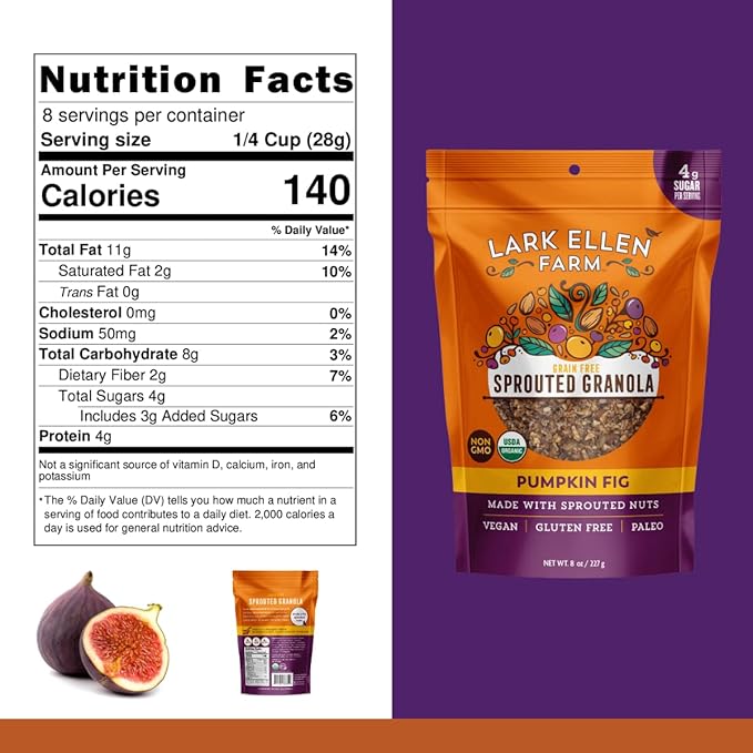 Lark Ellen Farm Grain-Free Granola, Certified Organic Raw Sprouted Vegan Clusters, Paleo & Crunchy Gluten-Free Bites for Cereal or Yogurt, Pumpkin Fig, 8 oz, 3 Pack
