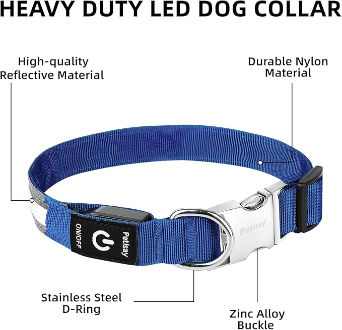 PetIsay LED Dog Collar Metal Buckle - Heavy Duty Light up Collars - Rechargeable IP68 Waterproof - Lighted Dog Collar for Night Walking, Hiking, Camping (Large, Blue)