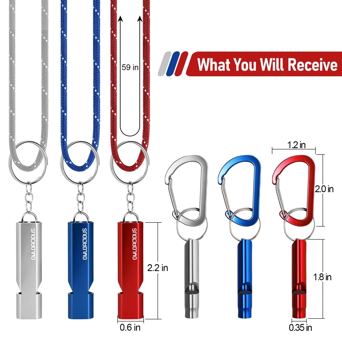 6 Pack Emergency Whistle Set, 120dB, 3 Paracord Lanyards & 3 Carabiners