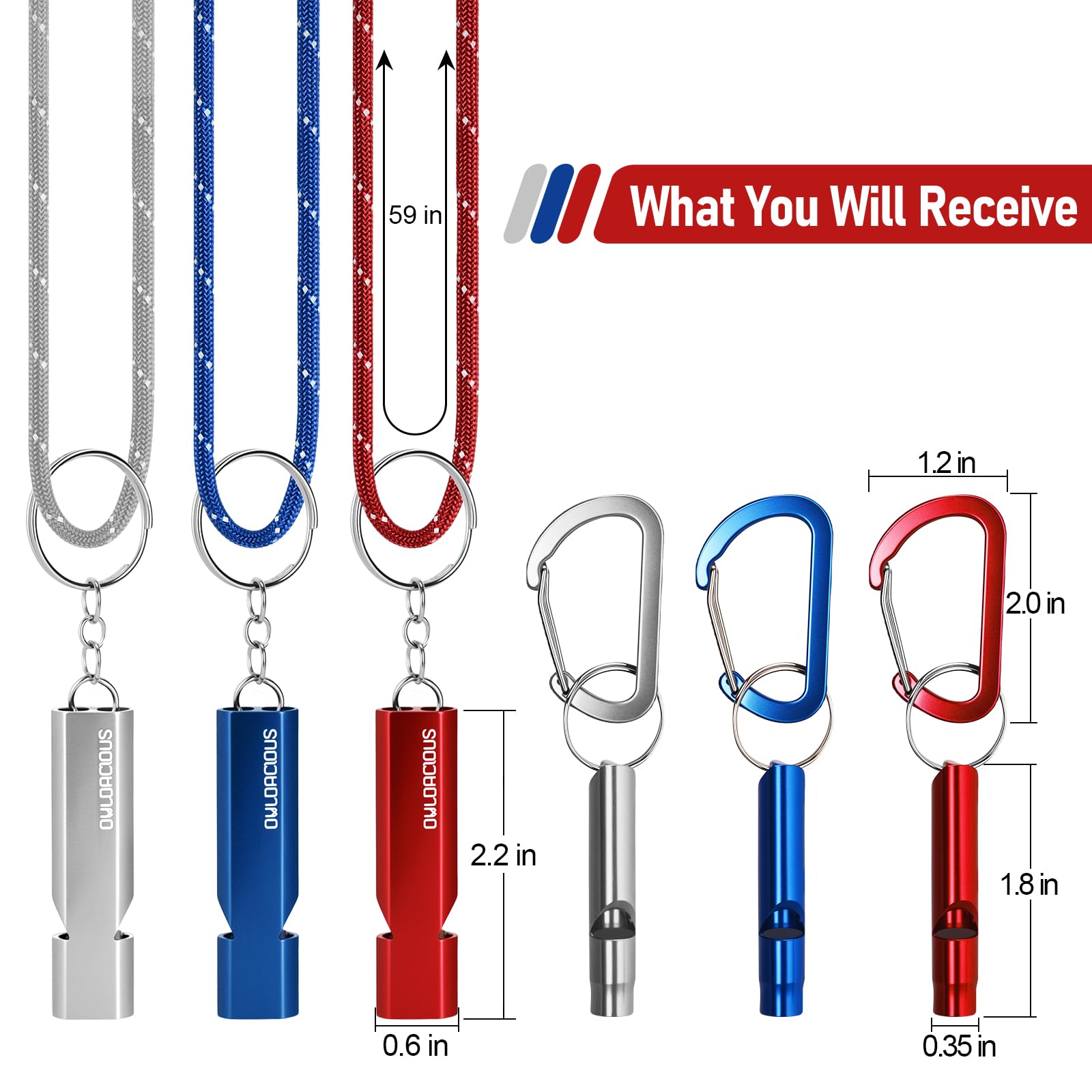 6 Pack Emergency Whistle Set, 120dB, 3 Paracord Lanyards & 3 Carabiners