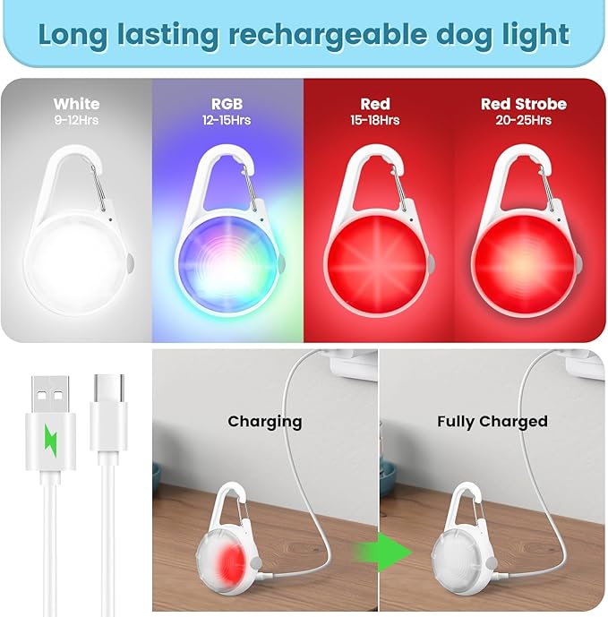2Pack Dog Lights for Night Walking Dog Collar Light Clip on Glow in The Dark with 4Modes & RGB Color for Camping