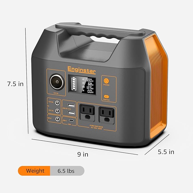 Portable Power Station EnginStar 300W Solar Generator 110V 296Wh Power Bank Two Pure Sine Wave AC Outlet 80000mAh Lithium Battery Pack for Camping Outdoors Trip RV Hunting Vans Emergency Backup