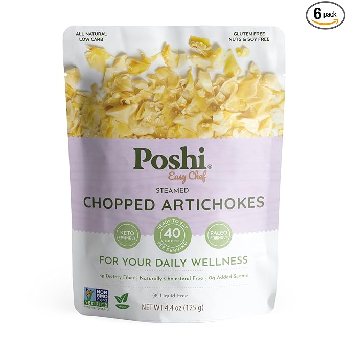 Poshi Chopped Artichoke Hearts - Steamed, Portion-controlled, Ready-to-Eat - Suitable for Quick Meals, Salad Toppings, Pastas - Gluten-Free, Non-GMO, Vegan, 6-Pack (4.4 oz/Pouch)