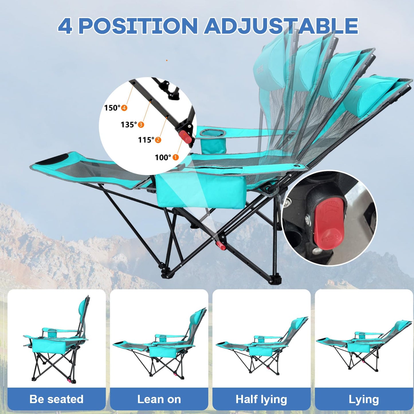 POEPORE Reclining Camping Chair 4 Position with Foot Rest Comfortable for Adults 265Ibs Folding