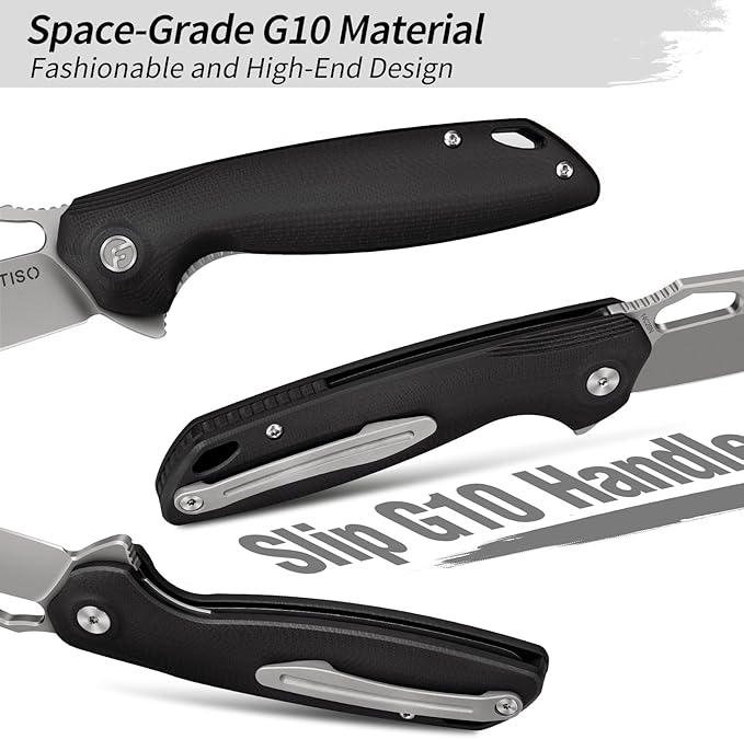 FINTISO Pocket Knife 3.38" Folding Knife Premium 14C28N Blade G10 Handle, Camping Survival Hiking Knife, Best Gift for Men Women, Atlas Series