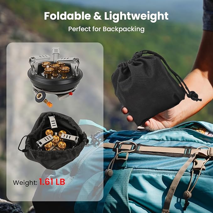 Portable Camping Stove with Propane Adapter - GEEKHOM 16000W Windproof Gas Stove Foldable Backpacking Stove, Piezo Ignition & Stable Pot Support for Outdoor Cooking Hiking